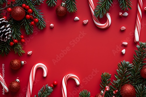 Red Christmas background with assorted candies and festive decorations. Holiday-themed flat lay composition with copy space for design and print