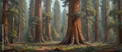 A majestic sequoia tree towering over a forest floor, with its massive trunk and dense foliage, depicted in thick oil layers to emphasize its grandeur and textured bark, Generative AI