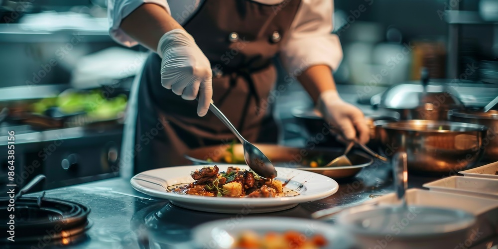A chef is preparing a meal in a kitchen A chef is preparing a meal in a kitchen