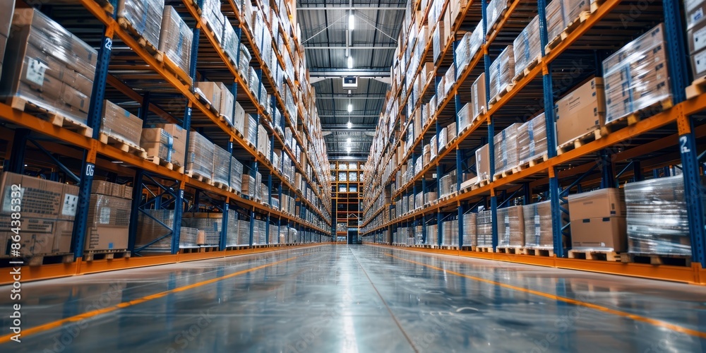 Fototapeta premium A large warehouse with many boxes on the shelves
