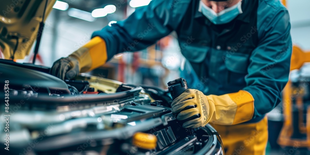 A mechanic is working on a car engine, wearing a mask and gloves A mechanic is working on a car engine, wearing a mask and gloves