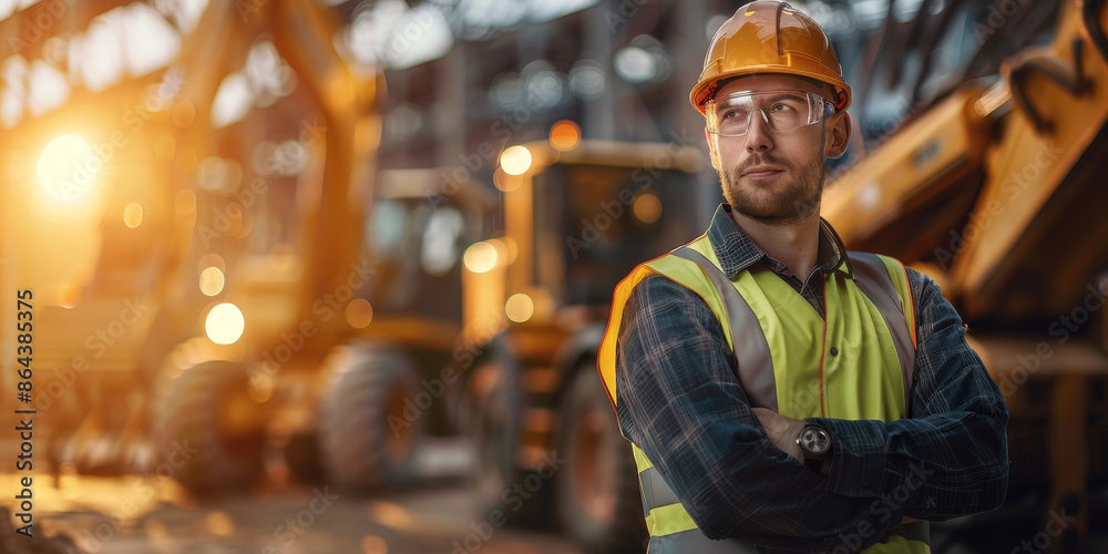 A man in a yellow vest stands in front of a construction site A man in a yellow vest stands in front of a construction site