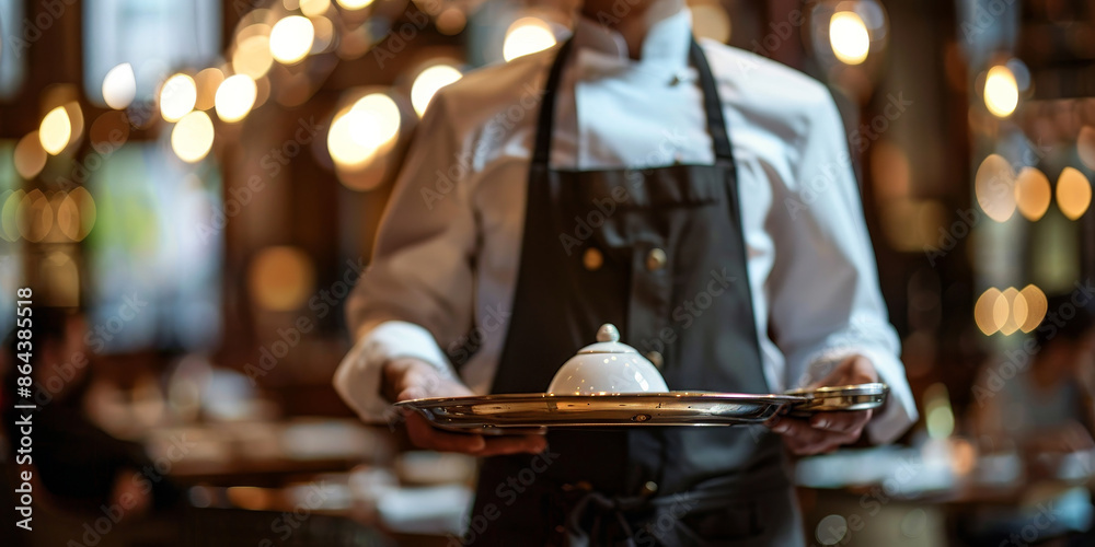 Naklejka premium A man in a chef's uniform is holding a tray with a white dish on it