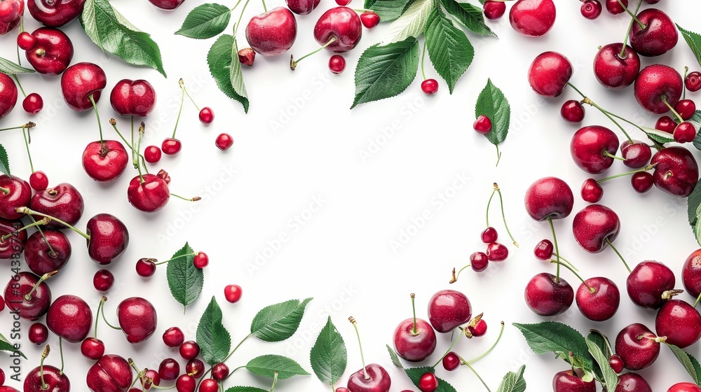 cherry fruit on white background with empty space in center
