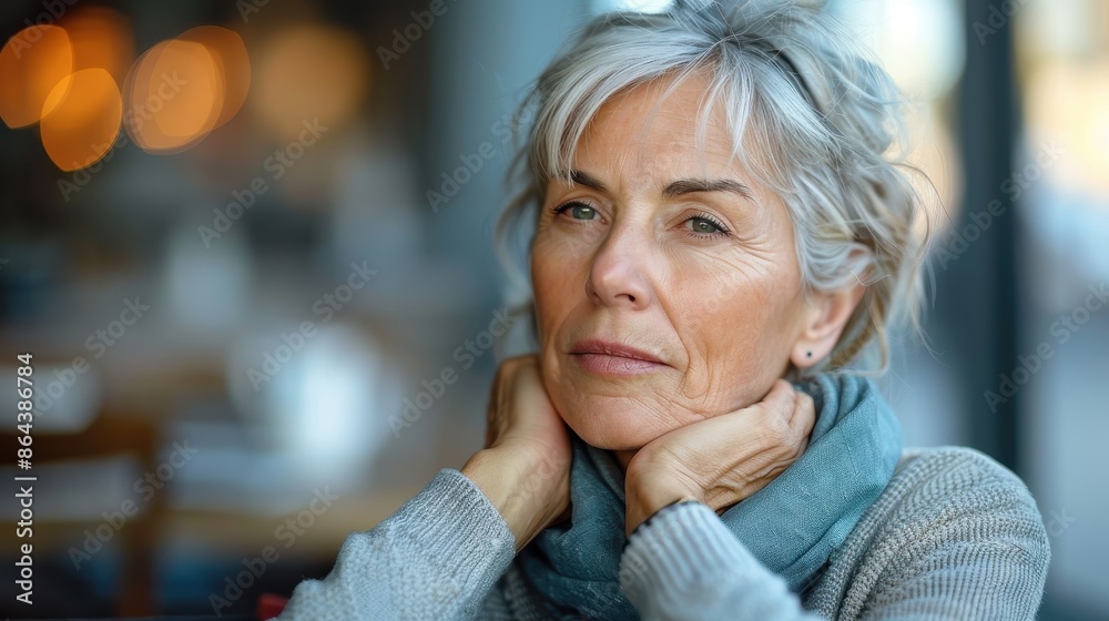 An elderly woman with short gray hair relaxes in a cozy, serene cafe setting, her hands propped under her chin, embodying a moment of peace and introspection. An elderly woman with short gray hair relaxes in a cozy, serene cafe setting, her hands propped under her chin, embodying a moment of peace and introspection.