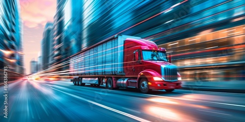 A red semi truck is driving down a city street
