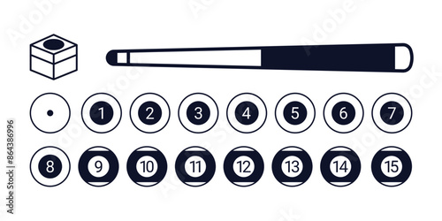 Snooker balls and cue stick icons set. Snooker pool equipment vector icon