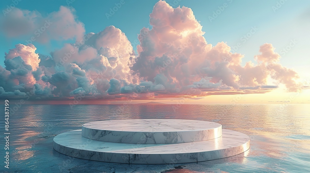 Marble Podium on Calm Ocean with Pink Clouds at Sunset Marble Podium on Calm Ocean with Pink Clouds at Sunset