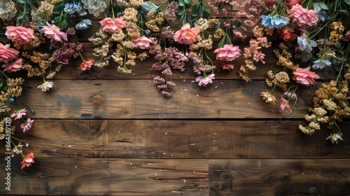 Artificial flower colors on aged wood backdrop