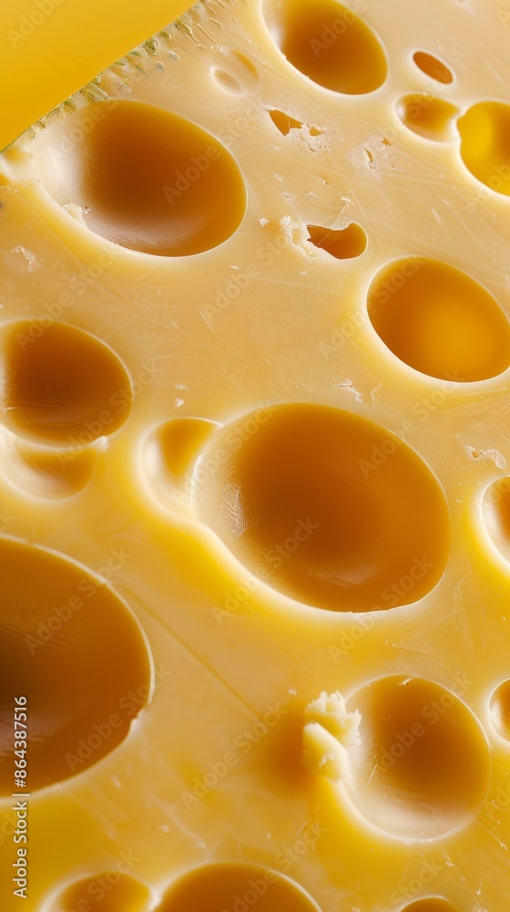 Close-up of Swiss cheese with large holes and smooth texture, food background. Dairy product concept Close-up of Swiss cheese with large holes and smooth texture, food background. Dairy product concept