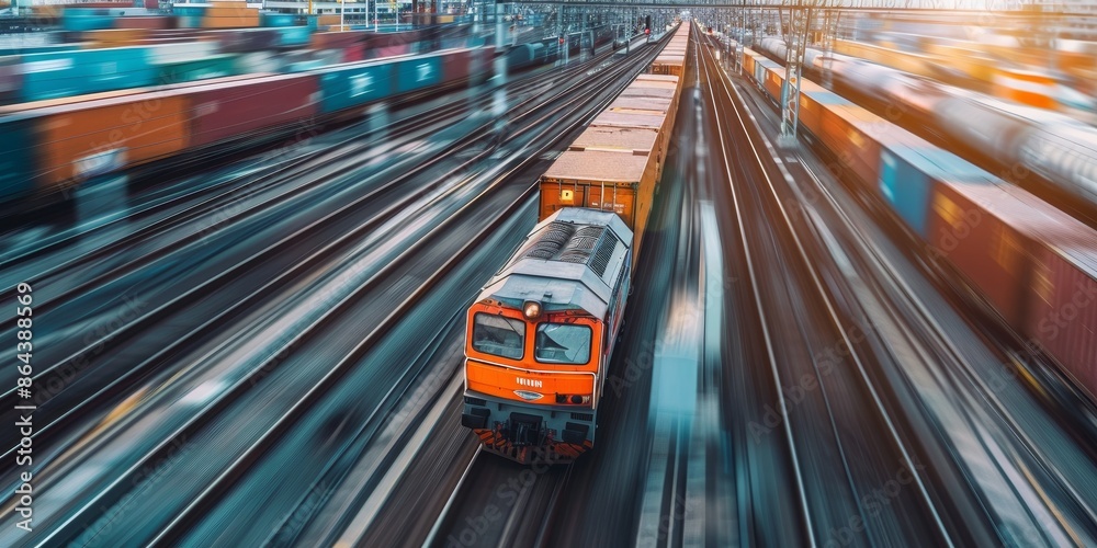 A train is traveling down the tracks with a blurred background A train is traveling down the tracks with a blurred background
