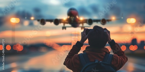 A man is taking a picture of an airplane taking off