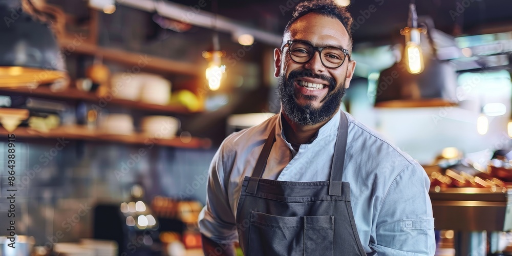 A man with a chef's apron and glasses is smiling in a kitchen