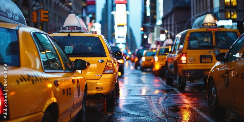 Fototapeta premium A busy city street with many yellow cabs and other vehicles