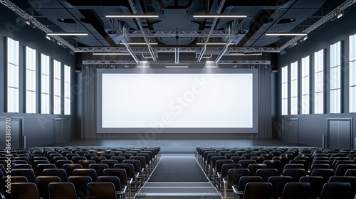 Conference stage with huge screen for presentation, large hall with empty chairs