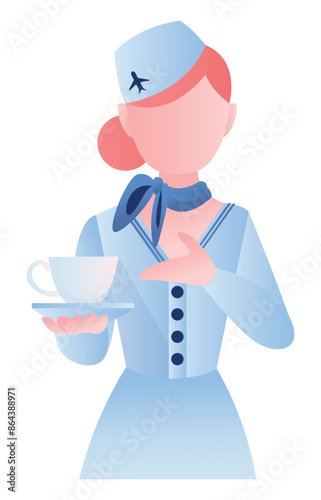 Flight attendant serving a tea on the aircraft.