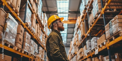 A man wearing a yellow helmet stands in a warehouse filled with boxes © xartproduction