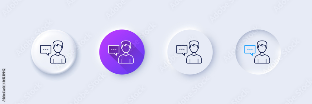 User communication line icon. Neumorphic, Purple gradient, 3d pin buttons. Male Person with chat speech bubble sign. Human silhouette symbol. Line icons. Neumorphic buttons with outline signs. Vector User communication line icon. Neumorphic, Purple gradient, 3d pin buttons. Male Person with chat speech bubble sign. Human silhouette symbol. Line icons. Neumorphic buttons with outline signs. Vector