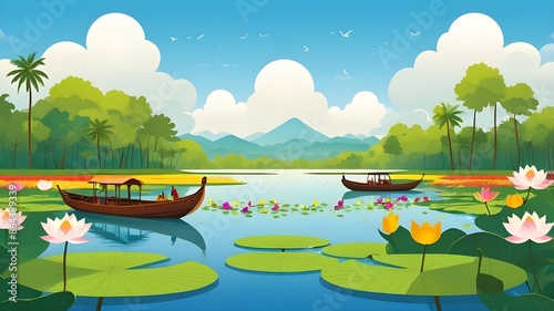 a cartoon illustration of a boat with a boat and lily pads on the water photo