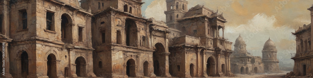 This oil painting on canvas depicts a surreal blend of ancient and modern architecture, with thick paint layers and prominent textures adding depth and contrast to the structures, Generative AI This oil painting on canvas depicts a surreal blend of ancient and modern architecture, with thick paint layers and prominent textures adding depth and contrast to the structures, Generative AI