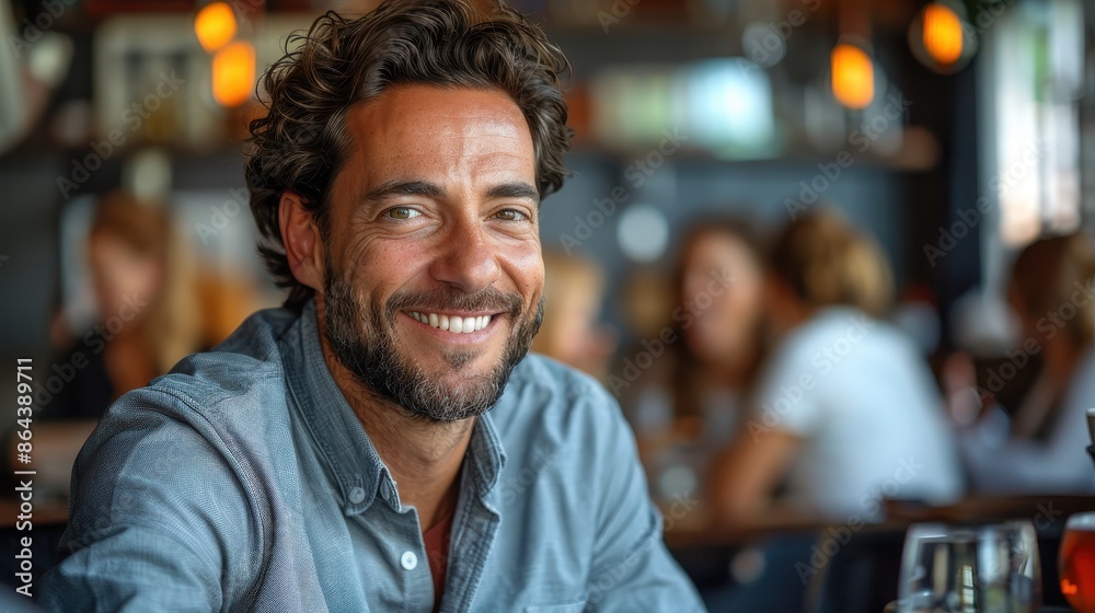 A cheerful man with curly hair and a beard is enthusiastically engaged in conversation, sitting in a cozy cafe setting with blurred background and bustling patrons around him. A cheerful man with curly hair and a beard is enthusiastically engaged in conversation, sitting in a cozy cafe setting with blurred background and bustling patrons around him.