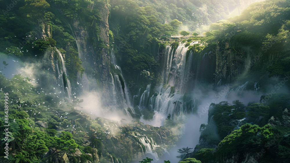 This is a stunning aerial view of a waterfall in the middle of a lush green jungle. This is a stunning aerial view of a waterfall in the middle of a lush green jungle.