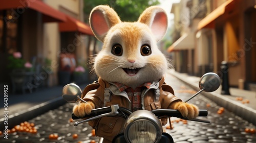 Cute cartoon rabbit riding scooter in the city. 3D bunny character illustration for children's book, animation, or advertisement. © Zyariss