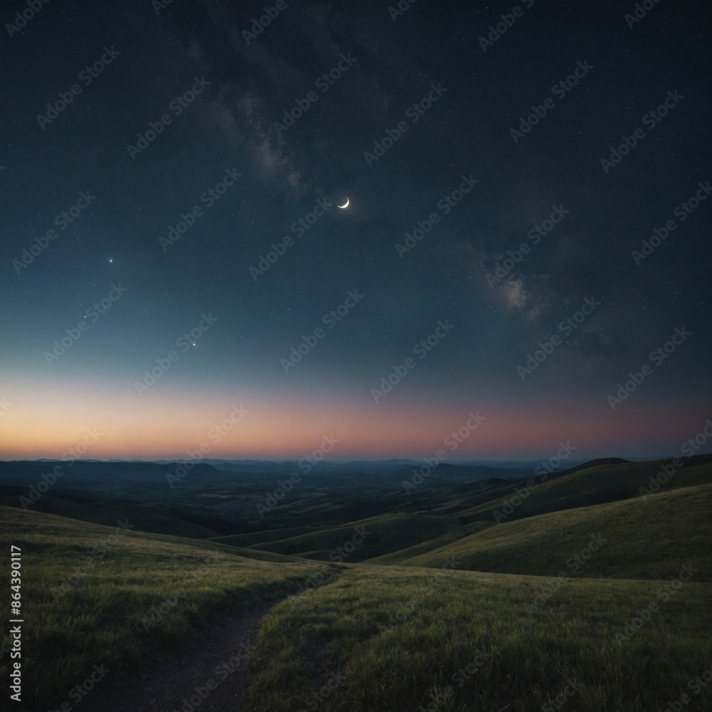 Fototapeta premium A serene landscape with a crescent moon rising.