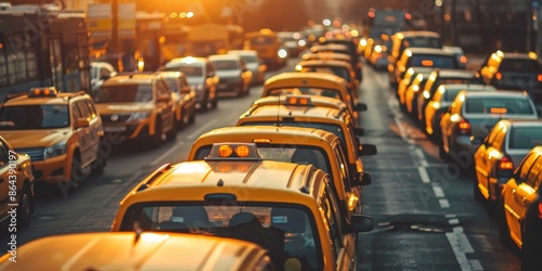 A busy street with many yellow cabs and cars