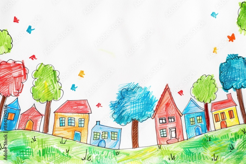 Charming Childlike Hand-Drawn Village Scene with Colorful Houses and Trees - Perfect for Card Design and Backgrounds Charming Childlike Hand-Drawn Village Scene with Colorful Houses and Trees - Perfect for Card Design and Backgrounds