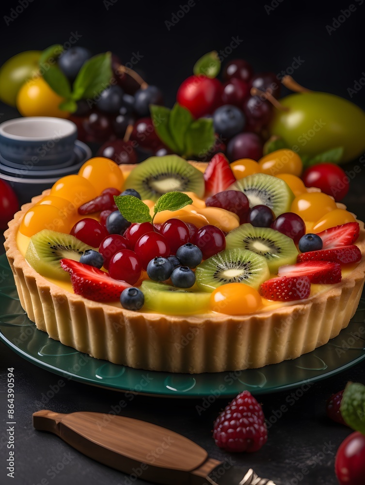 Vibrant Mixed Fruit Tart with Kiwi, Berries, and Peach Glaze. Vibrant Mixed Fruit Tart with Kiwi, Berries, and Peach Glaze.