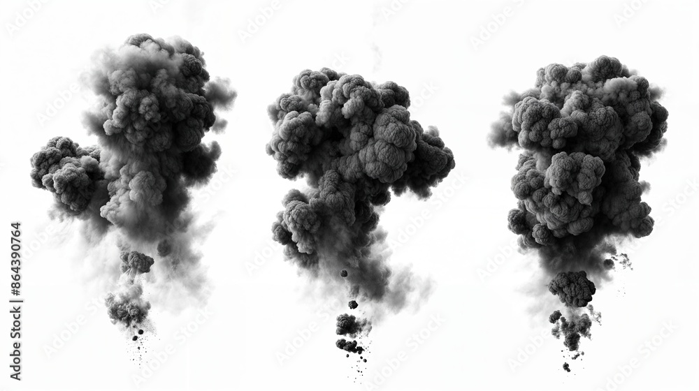 Black smoke cloud explosion set isolated on white background Black smoke cloud explosion set isolated on white background