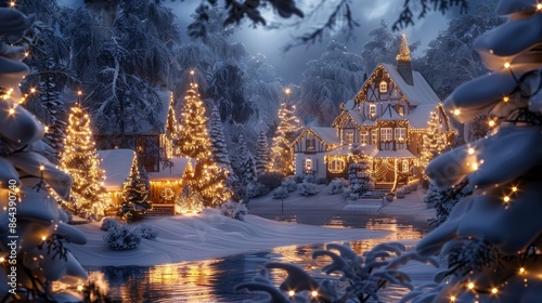 Enchanting snowy landscape with glistening christmas lights in a mesmerizing winter wonderland