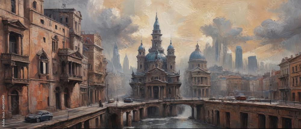 Naklejka premium A surreal oil painting on canvas, featuring thick, raised layers of paint that blend organic and geometric textures into a captivating, otherworldly architectural scene, Generative AI.