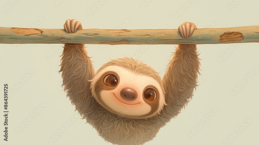 Naklejka premium Adorable Cartoon Sloth Hanging on a Branch. Cute Animal Illustration