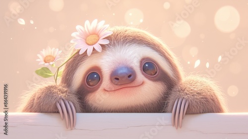 Adorable sloth with flowers on head. Cute cartoon character illustration