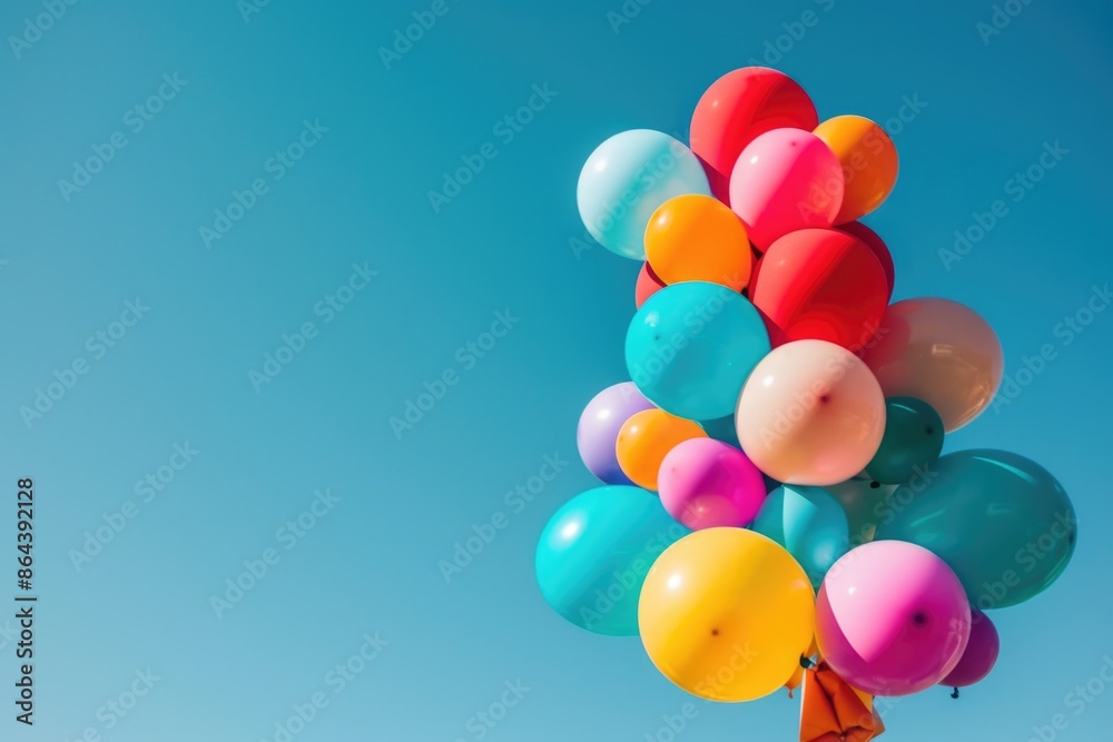 A bunch of colorful balloons float in the air, against a bright blue sky A bunch of colorful balloons float in the air, against a bright blue sky