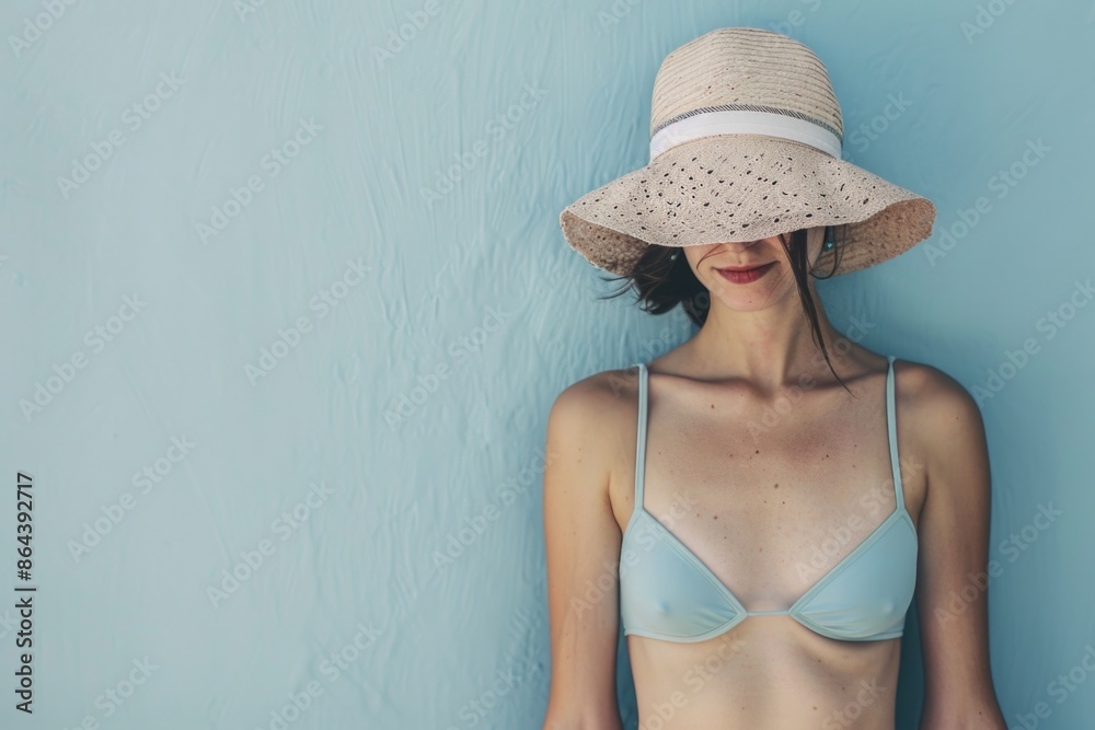A woman wearing a straw hat and light blue bikini top stands in front of a pale blue wall, her gaze downcast. The image evokes a sense of tranquility and summertime relaxation A woman wearing a straw hat and light blue bikini top stands in front of a pale blue wall, her gaze downcast. The image evokes a sense of tranquility and summertime relaxation
