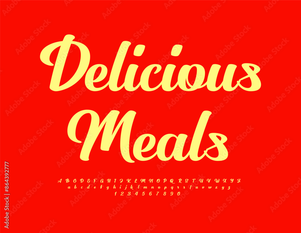 Vector artistic Emblem Delicious Meals. Modern Cursive Font, Creative Alphabet Letters and Numbers set. Vector artistic Emblem Delicious Meals. Modern Cursive Font, Creative Alphabet Letters and Numbers set.