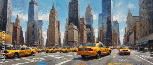 The iconic yellow cab speeding past towering skyscrapers under a bright blue sky in New York City, depicted with heavy oil paint strokes and vivid colors, Generative AI