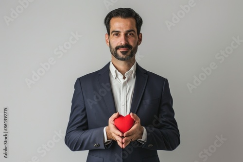 A man in a suit holds a red heart in his hands against a white background