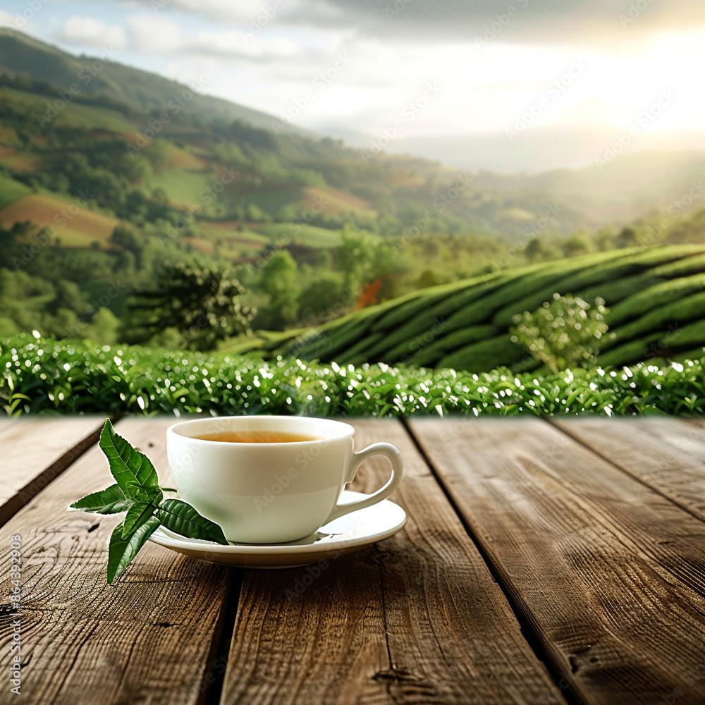 Tea cup on wooden table with green tea plantation background Tea cup on wooden table with green tea plantation background