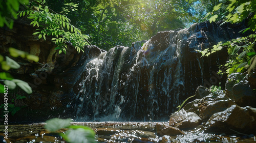 The waterfall is located in a lush green forest The water is crystal clear and falls from a height of several meters. waterfall, lush green forest, crystal clear water, forest waterfall, scenic waterf photo