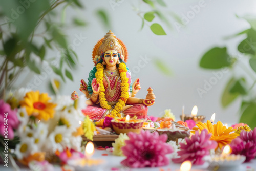 A colourful and beautiful lord Laxmi statue sits on a table surrounded by flowers and candles