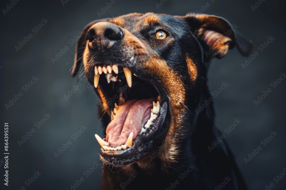 A Rottweiler dog with a menacing expression, baring its teeth and tongue in a fierce growl A Rottweiler dog with a menacing expression, baring its teeth and tongue in a fierce growl