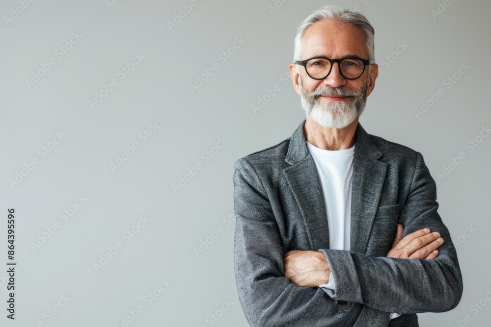 A portrait of a senior man with a grey beard and glasses standing against a grey wall, smiling. He is wearing a grey jacket over a white t-shirt A portrait of a senior man with a grey beard and glasses standing against a grey wall, smiling. He is wearing a grey jacket over a white t-shirt