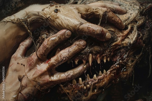 A close-up of a monstrous creature with sharp teeth and dripping saliva, its grotesque face obscured by a human hand that is engulfed in its flesh
