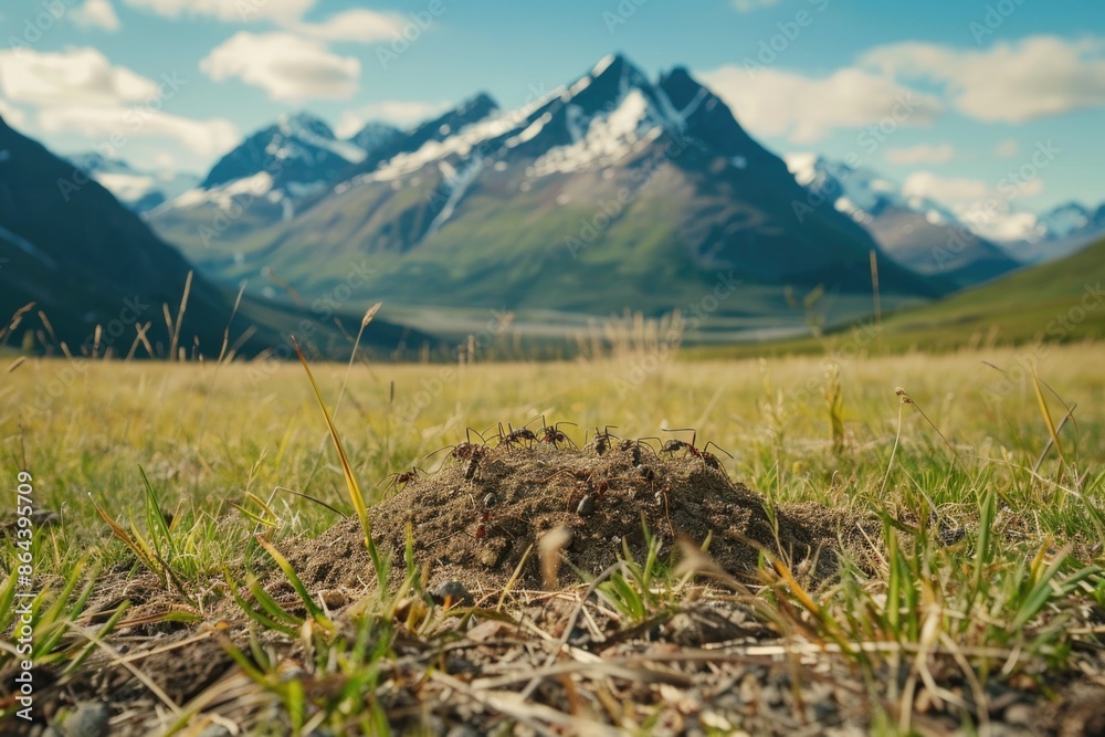 A close-up view of an ant hill with ants crawling around it, set against the backdrop of a majestic mountain range. The meadow is bathed in the warm light of a summer day A close-up view of an ant hill with ants crawling around it, set against the backdrop of a majestic mountain range. The meadow is bathed in the warm light of a summer day