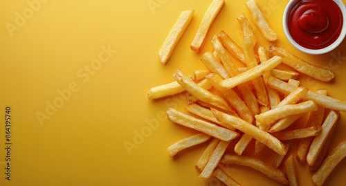 Crispy French Fries With Ketchup on a Yellow Background