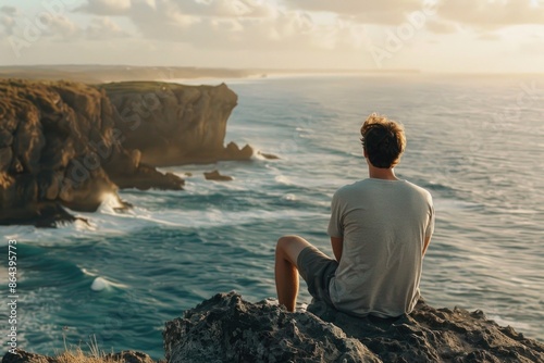 A man sits on a cliff overlooking a vast ocean, contemplating the beauty and vastness of the sea as the sun sets on the horizon photo